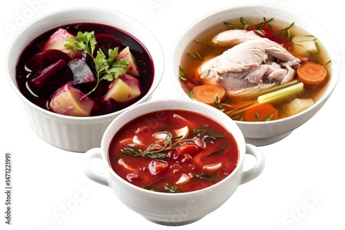 three soups - borscht, chicken soup, and tomato soup