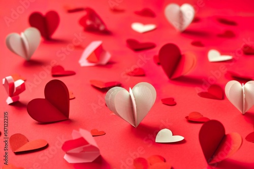 Valentines day background for greeting cards with paper hearts and object decor on red pastel