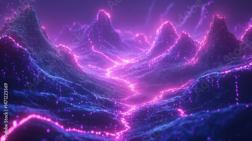 Abstract digital mountains glowing with vibrant light.  Possible use  background for futuristic designs, digital art, or gaming