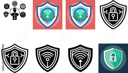 Set of shields with different icons on the theme of internet security.