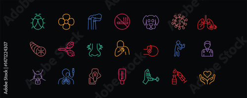 A set of icons for Asthma. The icons include Inhaler Use, Asthma Attack, Lungs with Airways, Breathing Difficulty, and Peak Flow Meter. Editable stroke. Vector illustration.