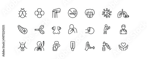 A set of icons for Asthma. The icons include Inhaler Use, Asthma Attack, Lungs with Airways, Breathing Difficulty, and Peak Flow Meter. Editable stroke. Vector illustration.	

