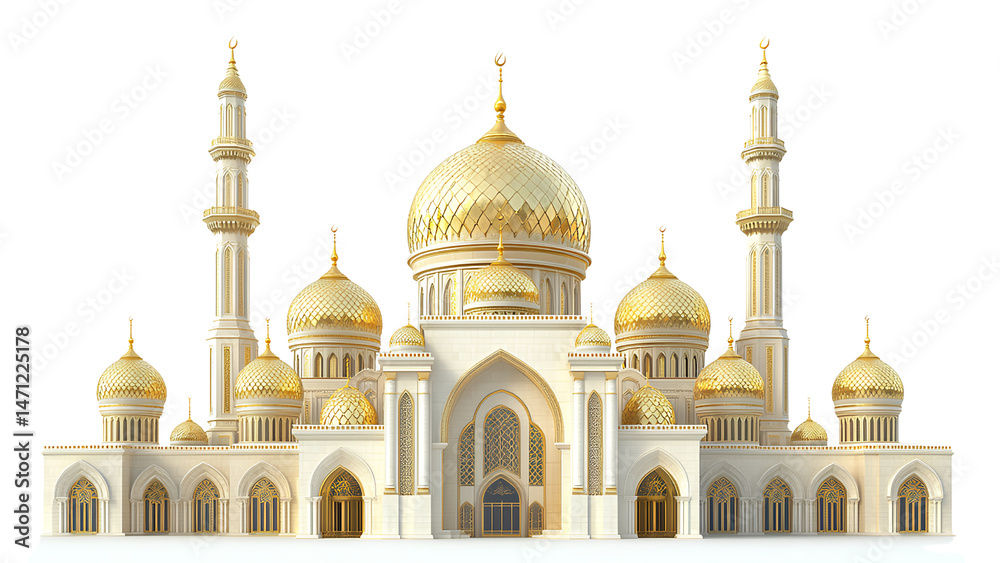 Obraz premium Golden Islamic Mosque with Domes and Minarets – Ornate Middle Eastern Architecture Isolated on Transparent Background