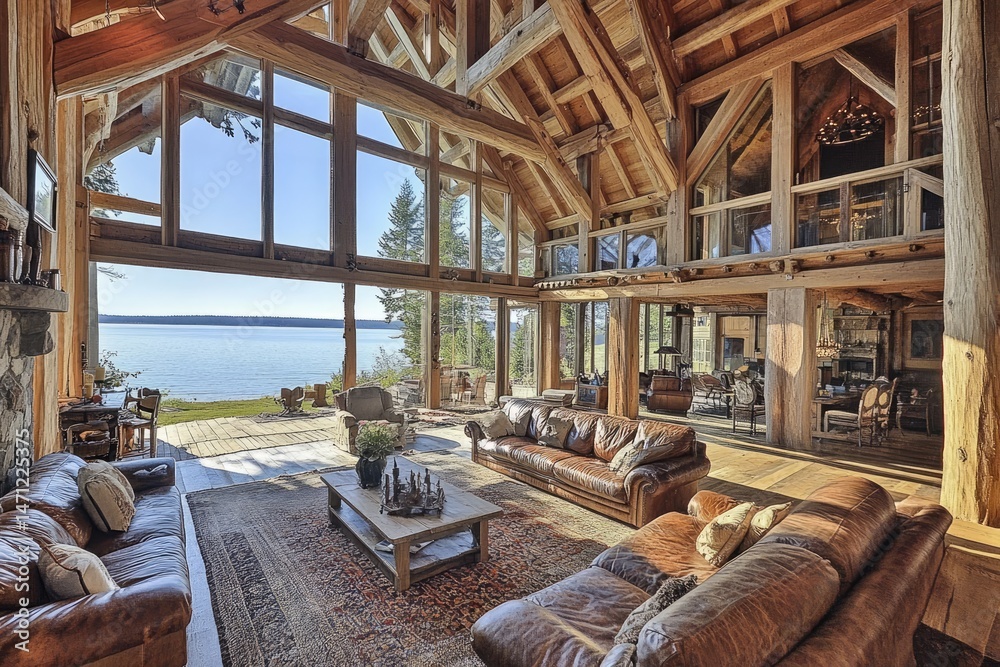 Fototapeta premium Spacious lakefront lodge interior
