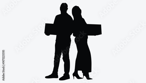The silhouette of a man and woman standing back-to-back holding boxes is perfect for vector illustration of delivery, shopping, or business-related concepts.