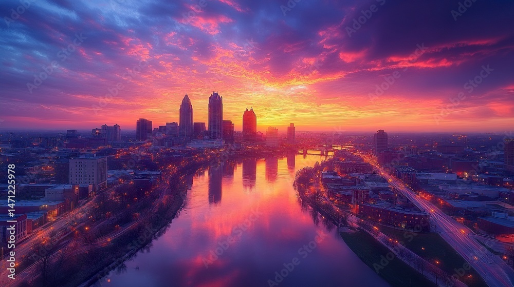 Fototapeta premium Modern and historic buildings of Columbus, Ohio along the riverbank during golden hour