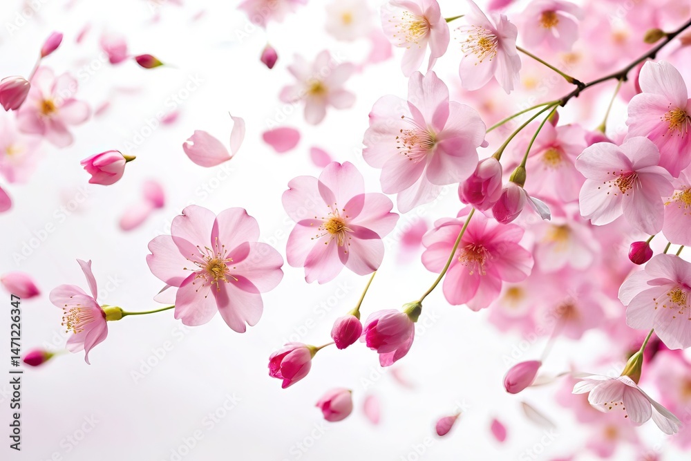 Fototapeta premium Soft Pink Cherry Blossom Silhouettes, Drifting Petals