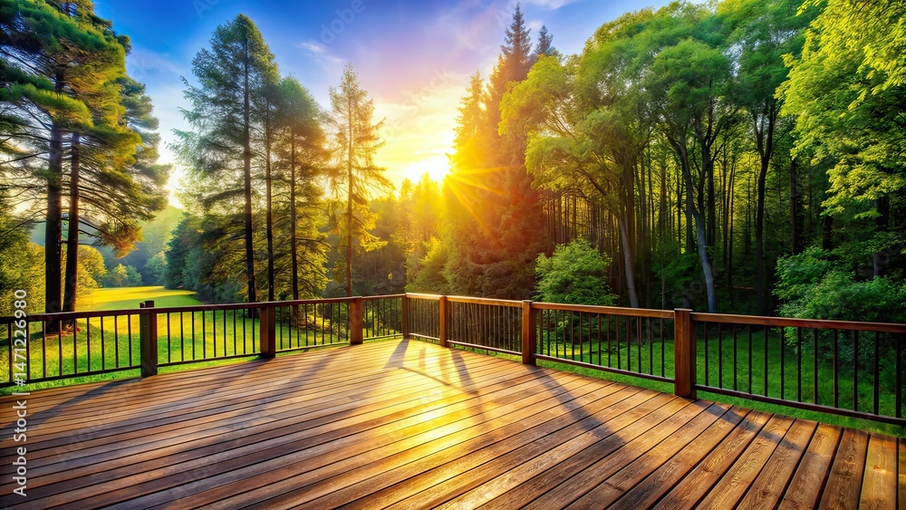 Obraz premium Spacious Deck Silhouette Backyard Woods AI Photo