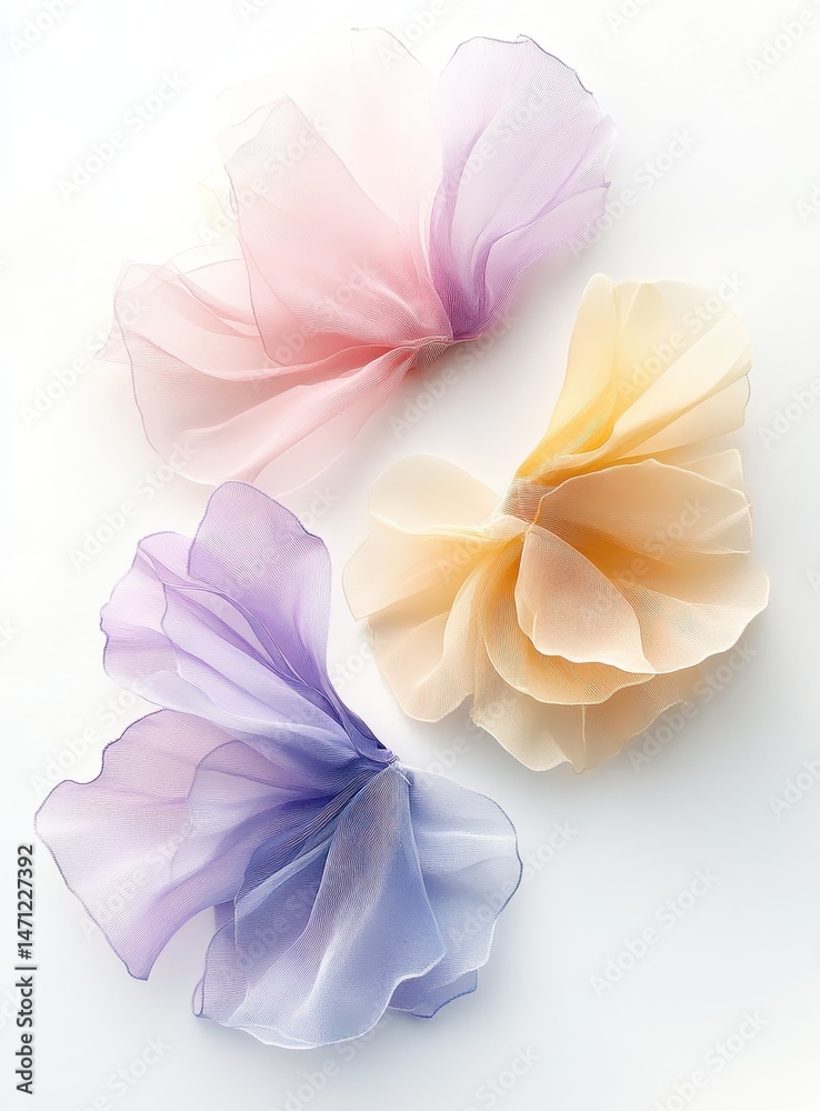 Fototapeta premium Delicate, draped fabric flowers in pastel shades