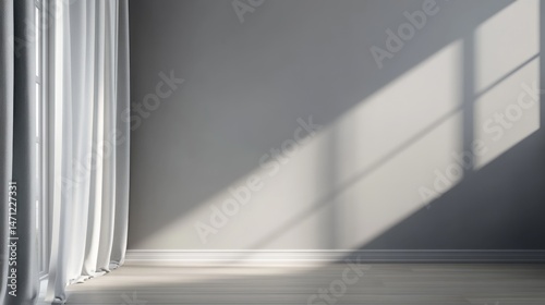 Soft sunlight streaming through window, creating diagonal shadows on a neutral wall, perfect for serene indoor ambiance.