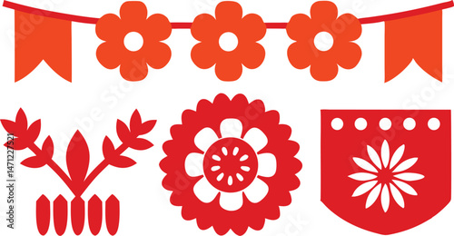 Traditional Mexican Papel Picado Collection with Floral Silhouettes for Cultural Celebrations