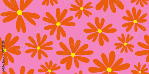 Daisy flower pattern in summer pink color background. Hand drawn wild floral doodle pattern, design for fabric textile cover and wallpaper.