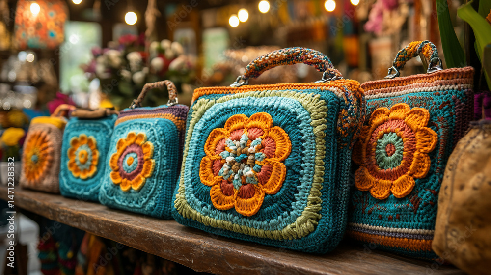 Fototapeta premium Colorful Crochet Bags on Wooden Shelf