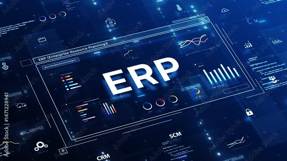 ERP Enterprise Resource Planning software technology concept for business organization management, data system analysis on dark blue background.