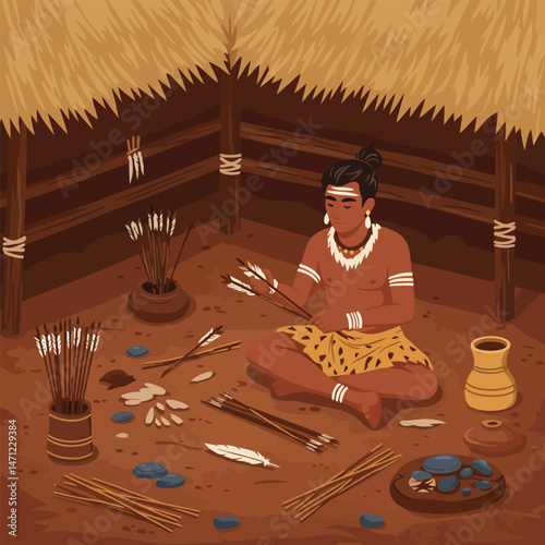 Crafting Arrows Ancient Archer Prepares Weapons in Simple Dwelling