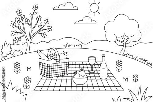 coloring page for kids, A black and white line drawing coloring page of a picnic scene on a checkered blanket, vector illustration