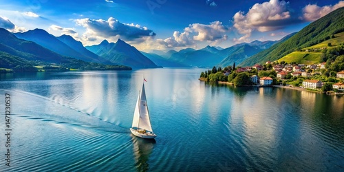 Stunning Aerial View of Sailing Boat on Lake Como, Italy