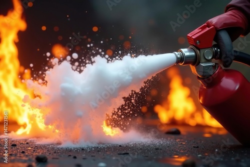 Close-up of a fire extinguisher spraying foam onto flames , hazard, fire control, fire prevention