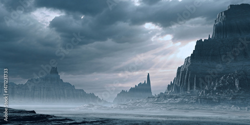 Dramatic Misty Mountain Landscape with Stormy Skies