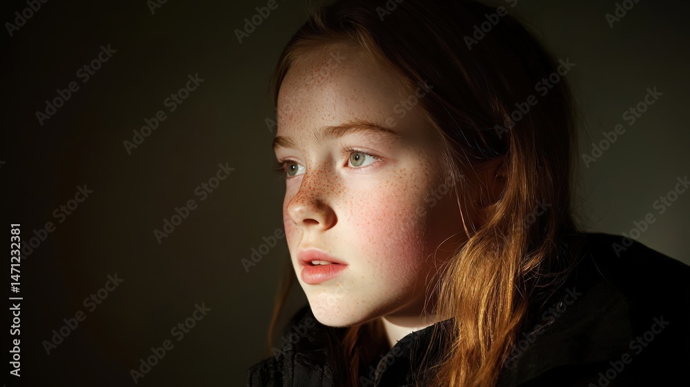 Pensive Young Girl with Red Hair and Freckles in Dramatic Lighting Pensive Young Girl with Red Hair and Freckles in Dramatic Lighting