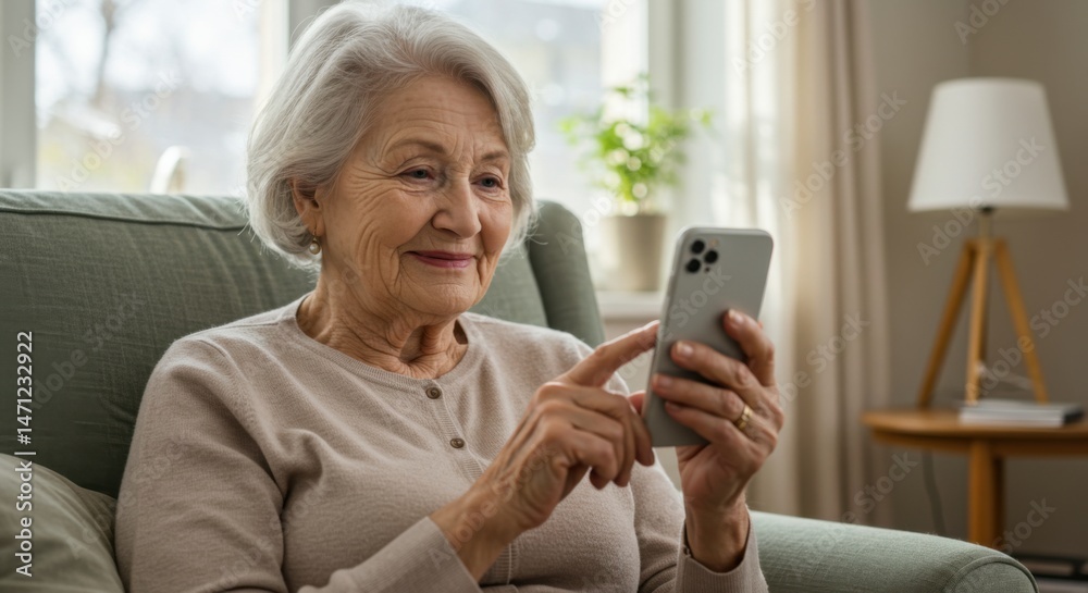 Senior woman using smartphone, smiling, home, technology Senior woman using smartphone, smiling, home, technology