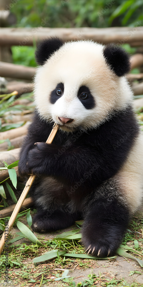 Obraz premium Adorable Baby Panda Munching on Bamboo in Lush Greenery