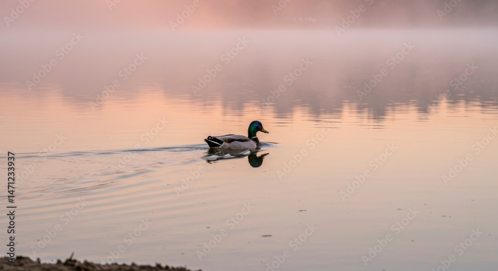 Fototapeta premium Misty morning lake with duck
