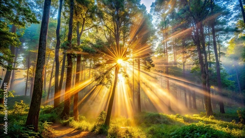 Sunbeams Through Foggy Forest Trees - Night Photography AI Art