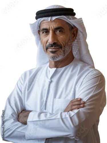 Distinguished Older Middle Eastern Man in White Ghutra and White Thobe with Beard and Arms Crossed