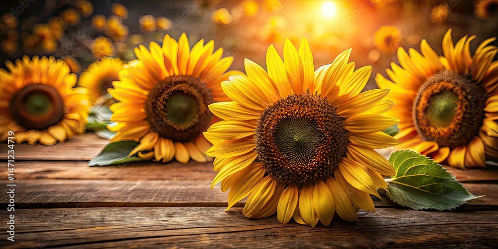 Obraz premium Sunflowers on Wooden Plank, Fashion Photography, Close-up, Bokeh, Artistic