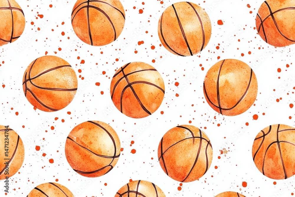 Fototapeta premium Watercolor basketball pattern with orange splatters on a white background in a seamless repeat