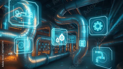 Futuristic Industrial Pipe System with Glowing Fluid and Valve Icons Representing Smart Factory Flow Control and Engineering

