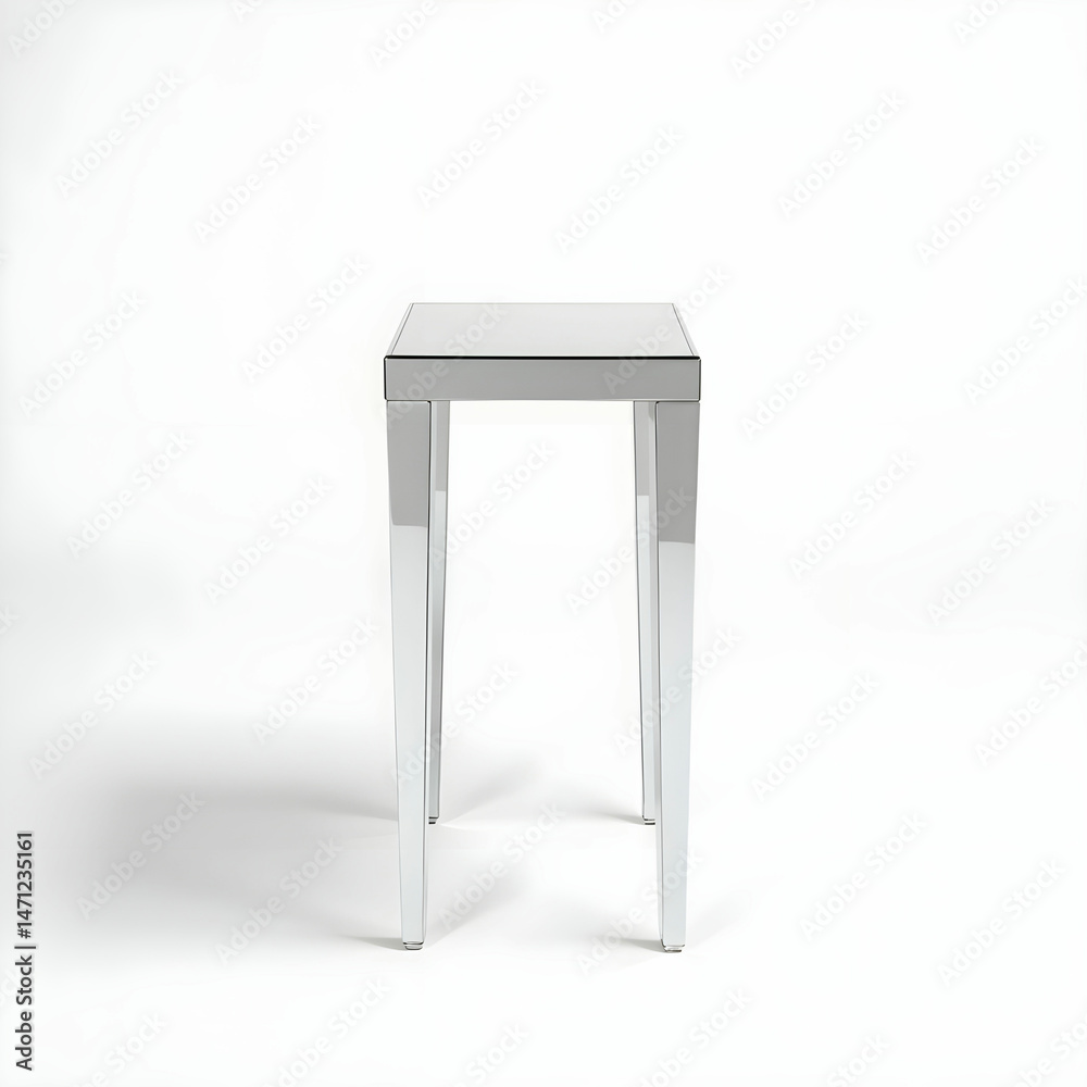 A mirrored end table with beveled edges and chrome legs. A mirrored end table with beveled edges and chrome legs.