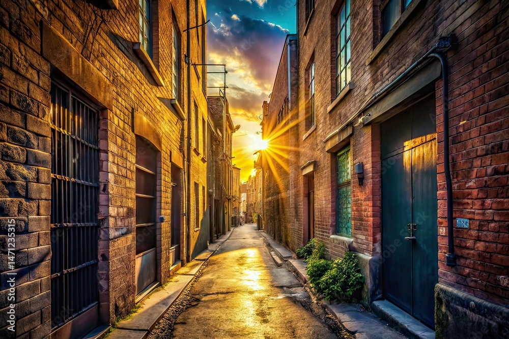 Fototapeta premium Sunlit Empty Alley Silhouette - Aged Buildings