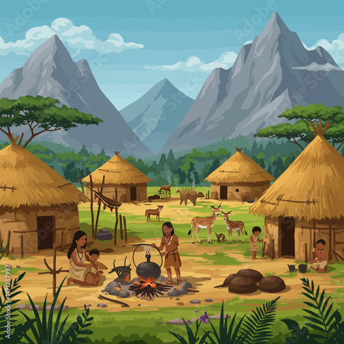 Indigenous Village Life Depicting People Cooking and Wild Animals Roaming