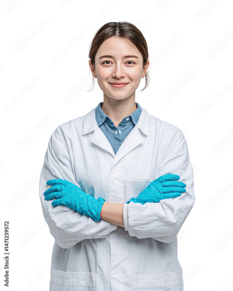 Confident Female Scientist in Lab Coat with Blue Gloves Arms Crossed Smiling Portrait isolated on transparent background Confident Female Scientist in Lab Coat with Blue Gloves Arms Crossed Smiling Portrait isolated on transparent background