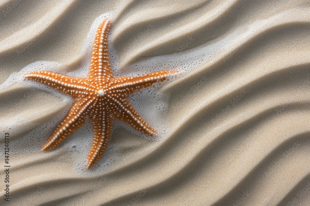 Starfish resting on rippled beach sand with foamy water Starfish resting on rippled beach sand with foamy water