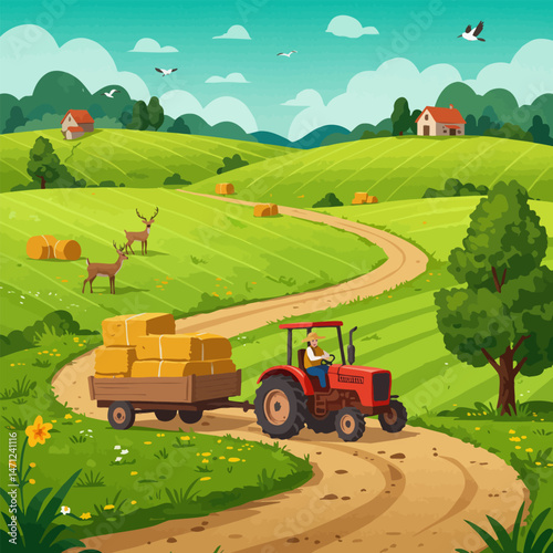 Tractor Driving on Farm Road with Hay Bales and Animals