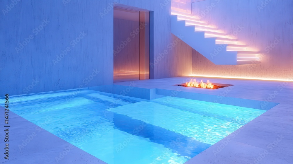 Fototapeta premium Vibrant modern pool area, sleek geometric designs, neon lights reflecting in water, relaxing space ideal for summer gatherings.
