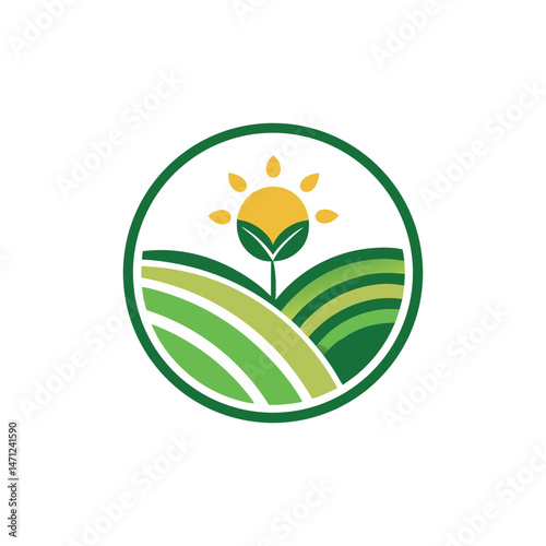 "Minimalist agriculture logo, clean vector style, circular badge shape with a leaf, sun, and farm field, flat color design, green and yellow color palette, modern eco-friendly brand look, centered lay