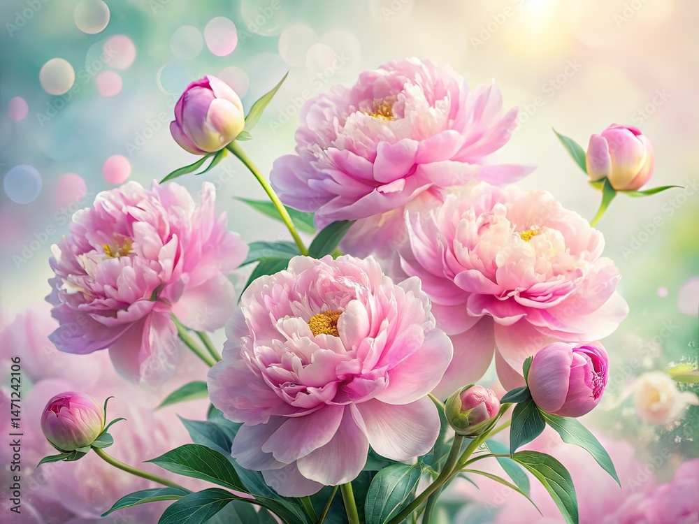 Obraz premium Surreal Watercolor Pink Peonies Bloom, Gentle Flowers