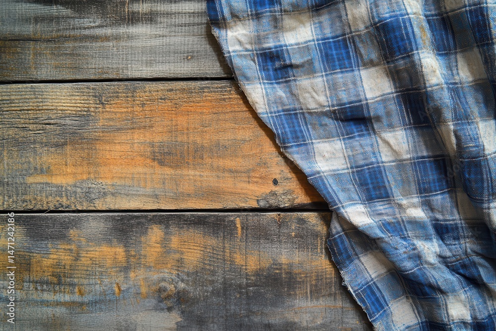 Blue and white checkered cloth draped over rustic wooden planks creating a textured backdrop Blue and white checkered cloth draped over rustic wooden planks creating a textured backdrop