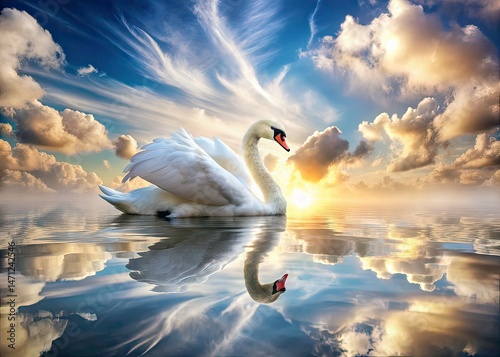 Fototapeta Naklejka Na Ścianę i Meble -  Surreal White Swan, Dreamlike Photography, AI Art,  Elegant Swan,  Fantasy Bird,  Abstract Swan,  Mythical Swan,  Magical Swan,  White Feather,  Water,  Reflection,  Lake,  Sky,  Clouds,  Nature,  Art