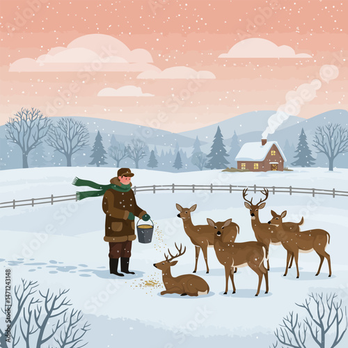 Feeding Deer in Winter Snow Scene with Cabin Illustration
