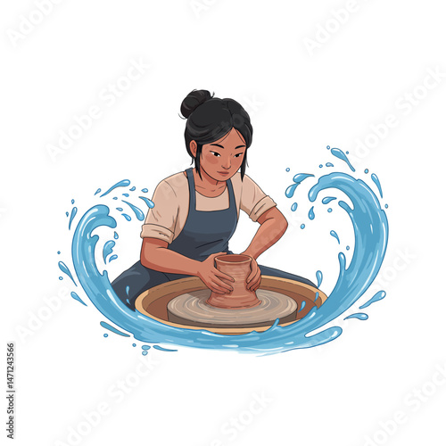 vector of a woman potter working with water 
