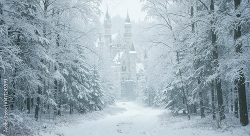 Snowy forest path leading to a castle