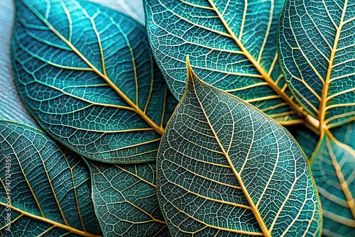 Teal Leaves Gold Veins Abstract Art Design - AI Photo
