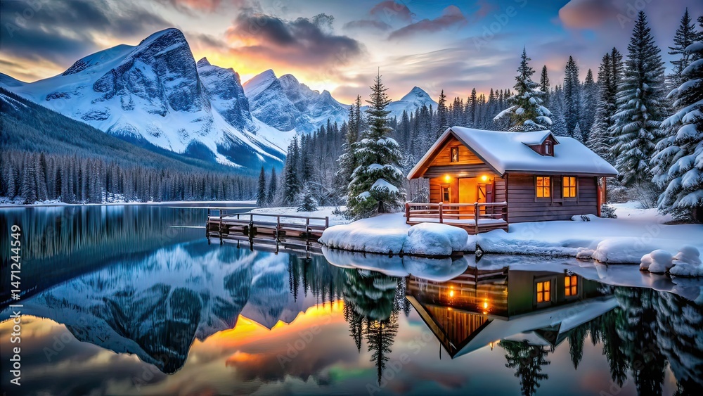 Fototapeta premium Cozy Mountain Cabin Dusk Reflection - AI Photo