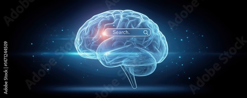 A glowing digital brain features a search bar, symbolizing artificial intelligence and online information retrieval.