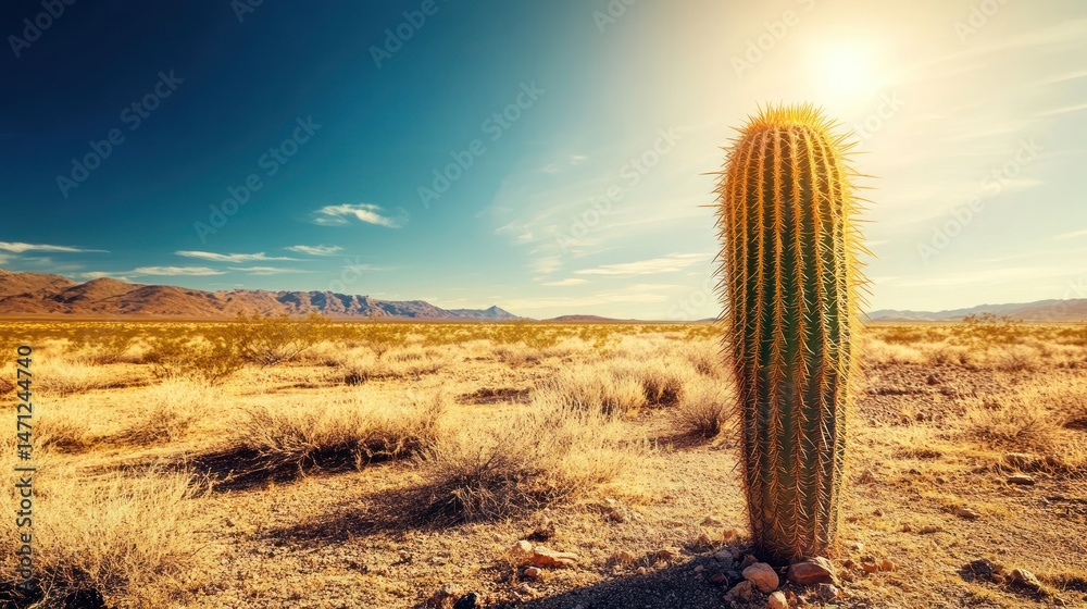 Vast desert landscape with solitary cactus under a vibrant sky. Vast desert landscape with solitary cactus under a vibrant sky.
